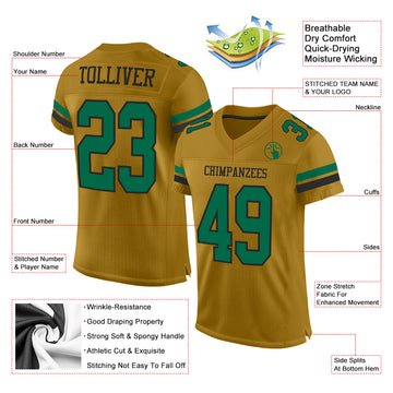 Custom Old Gold Kelly Green-Black Mesh Authentic Football Jersey