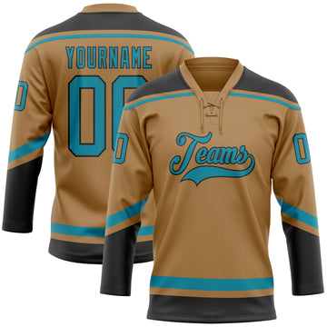 Custom Old Gold Teal-Black Hockey Lace Neck Jersey