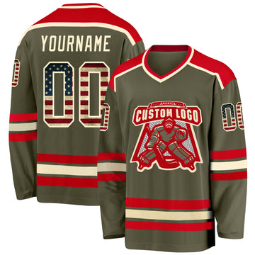 Custom Olive Vintage USA Flag Cream-Red Salute To Service Hockey Jersey