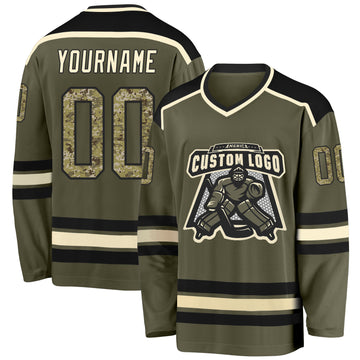 Custom Olive Camo Black-Cream Salute To Service Hockey Jersey