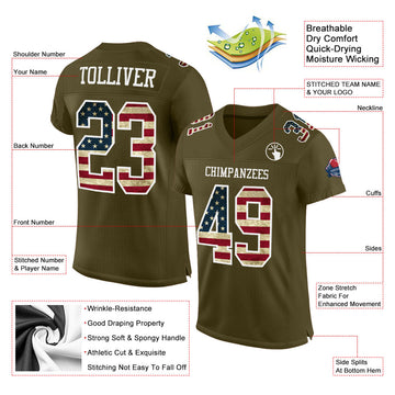 Custom Olive Vintage USA Flag-White Mesh Authentic Salute To Service Football Jersey