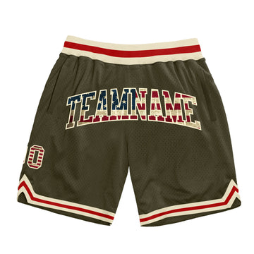 Custom Olive Vintage USA Flag Cream-Red Authentic Throwback Salute To Service Basketball Shorts