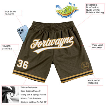 Custom Olive White-Old Gold Authentic Throwback Salute To Service Basketball Shorts