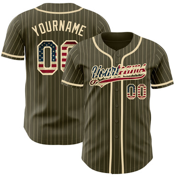 Custom Olive City Cream Pinstripe Vintage USA Flag Authentic Salute To Service Baseball Jersey