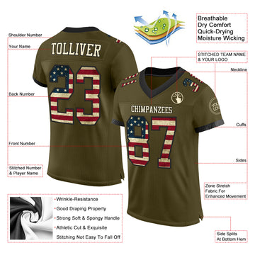 Custom Olive Vintage USA Flag Cream-Black Mesh Authentic Salute To Service Football Jersey