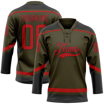 Custom Olive Red-Black Salute To Service Hockey Lace Neck Jersey
