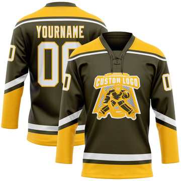 Custom Olive White-Gold Salute To Service Hockey Lace Neck Jersey