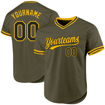 Custom Olive Black-Gold Authentic Throwback Salute To Service Baseball Jersey