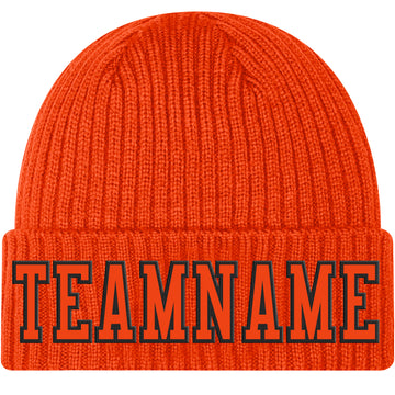 Custom Orange Orange-Black Stitched Cuffed Knit Hat