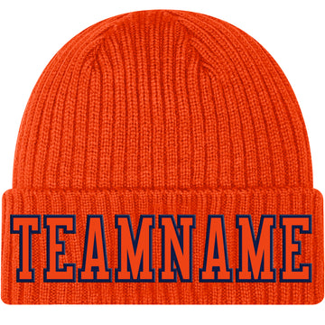 Custom Orange Orange-Navy Stitched Cuffed Knit Hat