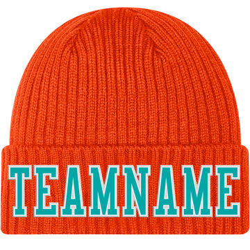 Custom Orange Aqua-White Stitched Cuffed Knit Hat