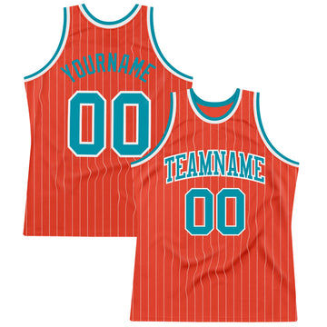 Custom Orange White Pinstripe Teal Authentic Basketball Jersey