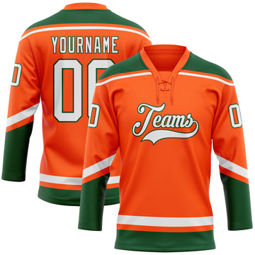 Custom Orange White-Green Hockey Lace Neck Jersey