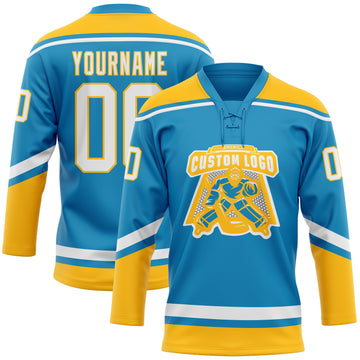 Custom Panther Blue White-Gold Hockey Lace Neck Jersey