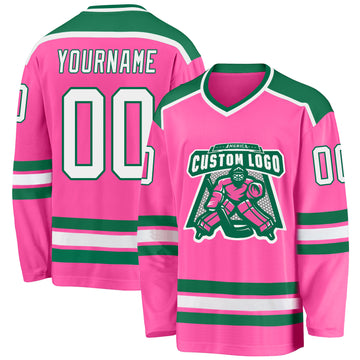 Custom Pink White-Kelly Green Hockey Jersey