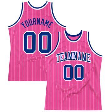 Custom Pink White Pinstripe Royal-White Authentic Basketball Jersey