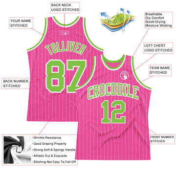Custom Pink White Pinstripe Neon Green-White Authentic Basketball Jersey