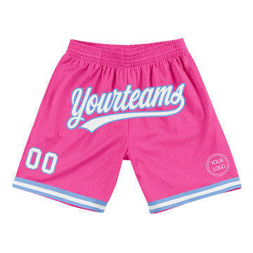 Custom Pink White-Light Blue Authentic Throwback Basketball Shorts