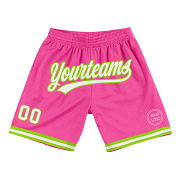 Custom Pink White-Neon Green Authentic Throwback Basketball Shorts