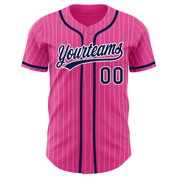Custom Pink White Pinstripe Navy Authentic Baseball Jersey