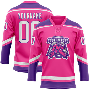 Custom Pink White-Purple Hockey Lace Neck Jersey