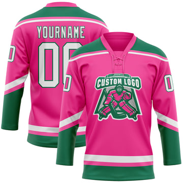 Custom Pink White-Kelly Green Hockey Lace Neck Jersey