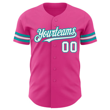 Custom Pink White-Teal Authentic Baseball Jersey