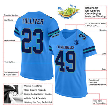 Custom Powder Blue Navy-Aqua Mesh Authentic Football Jersey