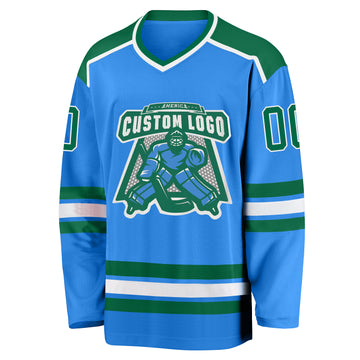 Custom Powder Blue Kelly Green-White Hockey Jersey