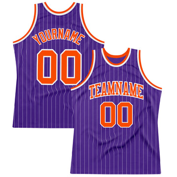 Custom Purple White Pinstripe Orange Authentic Basketball Jersey