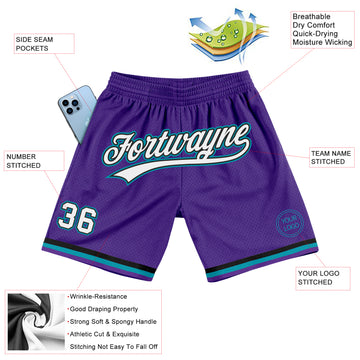 Custom Purple White Black-Teal Authentic Throwback Basketball Shorts