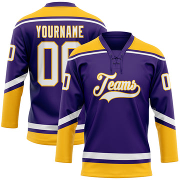 Custom Purple White-Gold Hockey Lace Neck Jersey