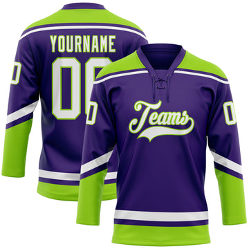 Custom Purple White-Neon Green Hockey Lace Neck Jersey