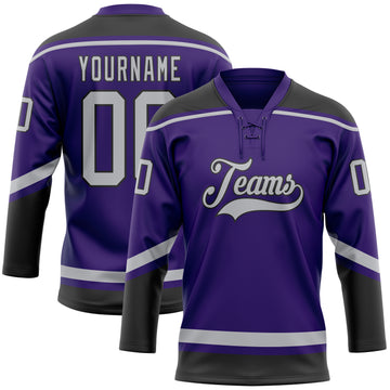 Custom Purple Gray-Black Hockey Lace Neck Jersey