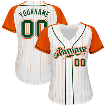 Custom White Orange Pinstripe Green-Orange Authentic Raglan Sleeves Baseball Jersey