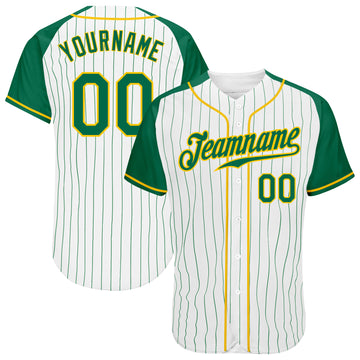 Custom White Kelly Green Pinstripe Kelly Green-Gold Authentic Raglan Sleeves Baseball Jersey