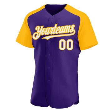 Custom Purple White-Gold Authentic Raglan Sleeves Baseball Jersey