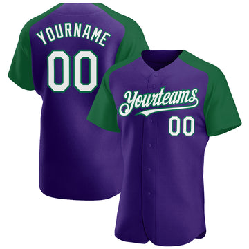 Custom Purple White-Kelly Green Authentic Raglan Sleeves Baseball Jersey