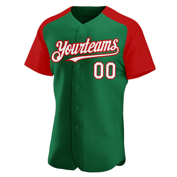 Custom Kelly Green White-Red Authentic Raglan Sleeves Baseball Jersey