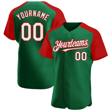 Custom Kelly Green White-Red Authentic Raglan Sleeves Baseball Jersey