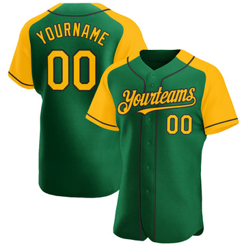 Custom Kelly Green Gold-Black Authentic Raglan Sleeves Baseball Jersey