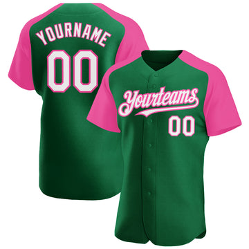 Custom Kelly Green White-Pink Authentic Raglan Sleeves Baseball Jersey