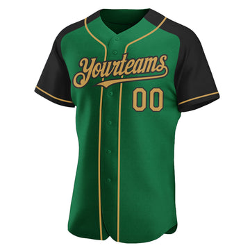 Custom Kelly Green Old Gold-Black Authentic Raglan Sleeves Baseball Jersey