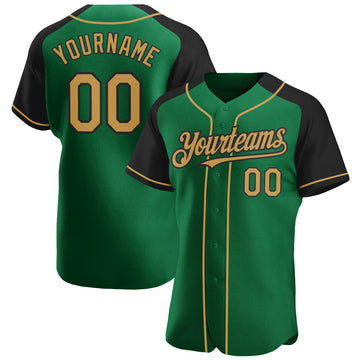 Custom Kelly Green Old Gold-Black Authentic Raglan Sleeves Baseball Jersey