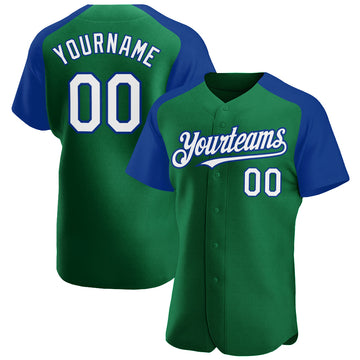 Custom Kelly Green White-Royal Authentic Raglan Sleeves Baseball Jersey