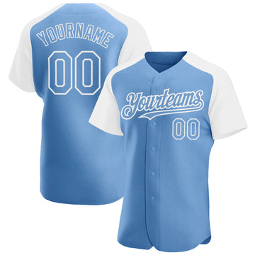 Custom Light Blue White Authentic Raglan Sleeves Baseball Jersey
