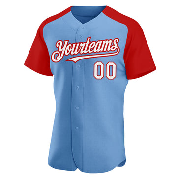 Custom Light Blue White-Red Authentic Raglan Sleeves Baseball Jersey