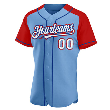 Custom Light Blue White Red-Royal Authentic Raglan Sleeves Baseball Jersey
