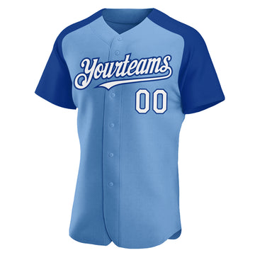 Custom Light Blue White-Royal Authentic Raglan Sleeves Baseball Jersey