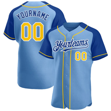 Custom Light Blue Yellow-Royal Authentic Raglan Sleeves Baseball Jersey
